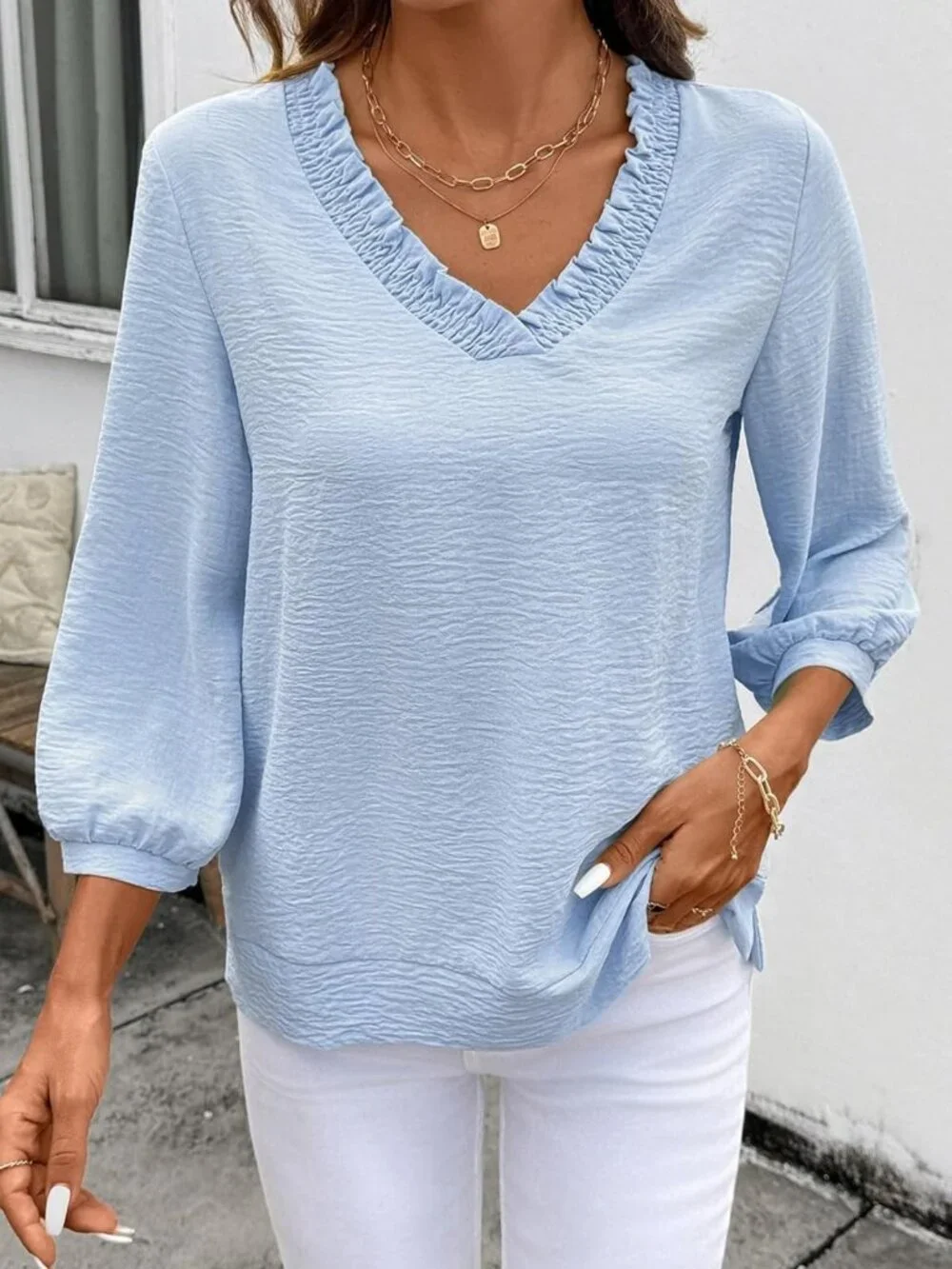 Smocked Neck 3/4 Sleeve Loose Fit Tops for Women | Dressy, Casual, Business Wear